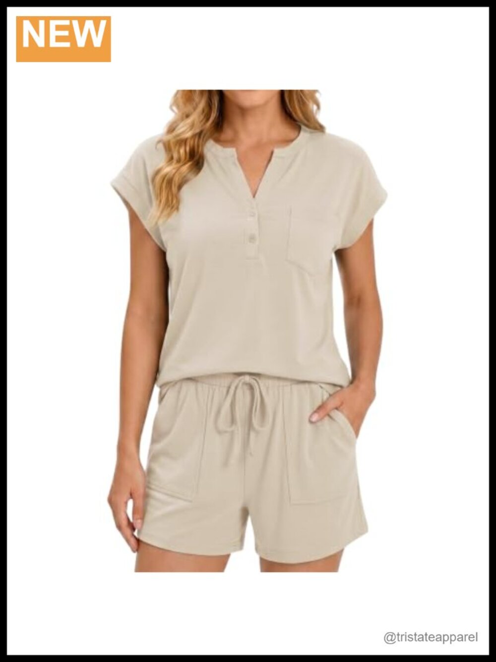 Women 2 Piece Short Set Henley Top Drawstring Shorts Lounge Travel